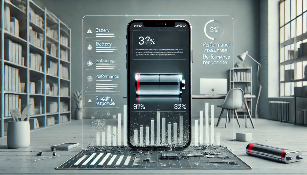 劣化が進んだiPhoneバッテリーの影響を示すイメージ。画面にはバッテリーの警告や動作の遅延が表示され、交換が必要なサインを強調している。